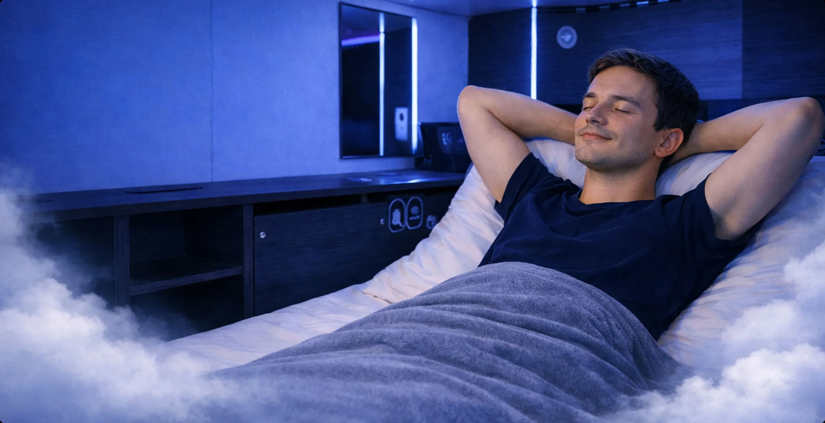 Guest relaxing inside a private airport sleeping pod at Kepler transit hotel and sleep lounge